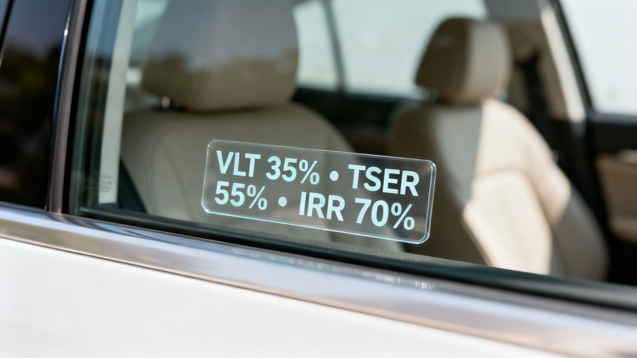 Car window displaying a sticker with VLT 35%, TSER 55%, and IRR 70% specifications.