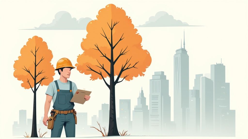 A certified arborist inspecting a large tree in an Atlanta neighborhood.