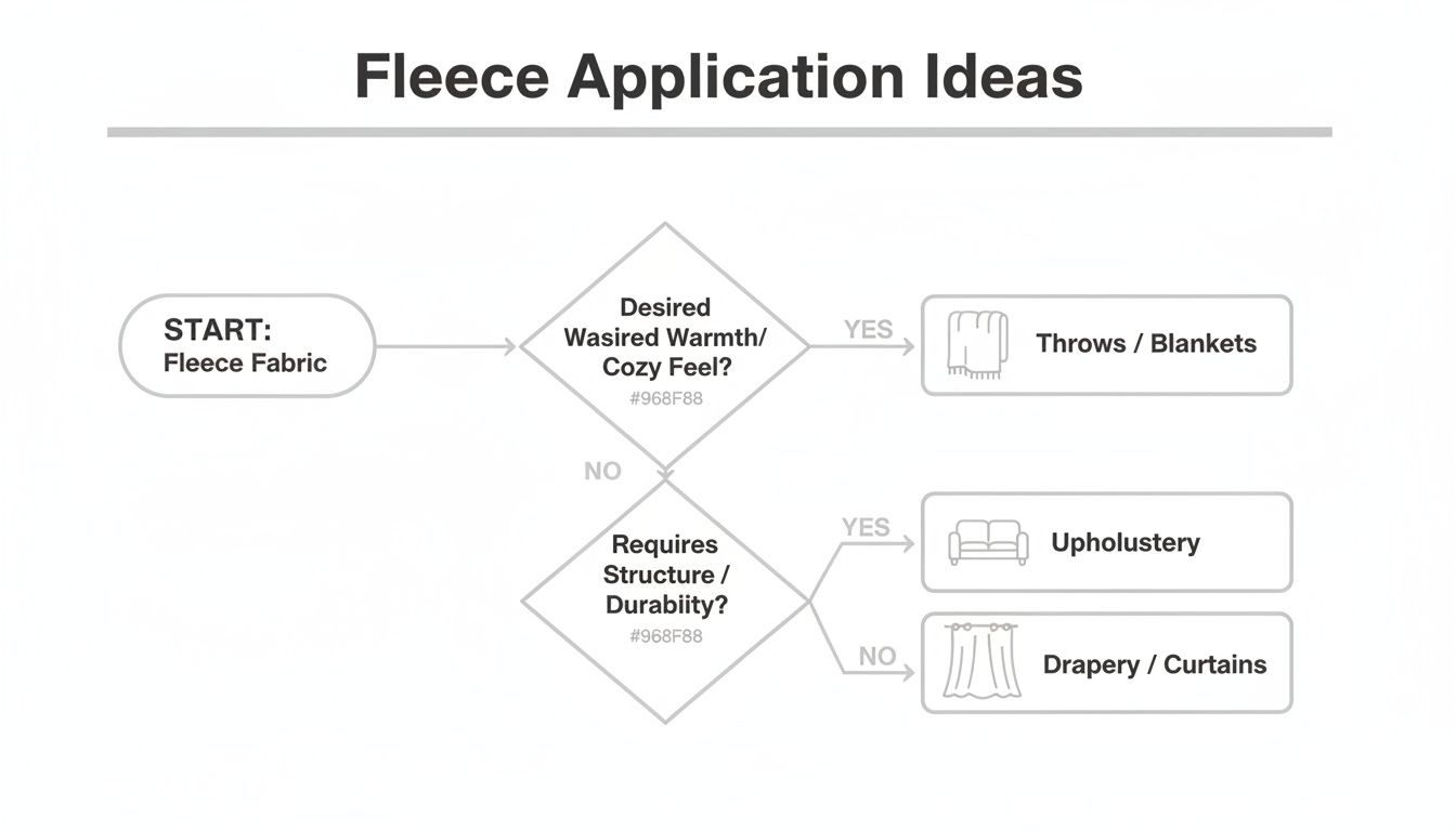 A flowchart detailing fleece fabric application ideas based on desired warmth, coziness, structure, and durability.