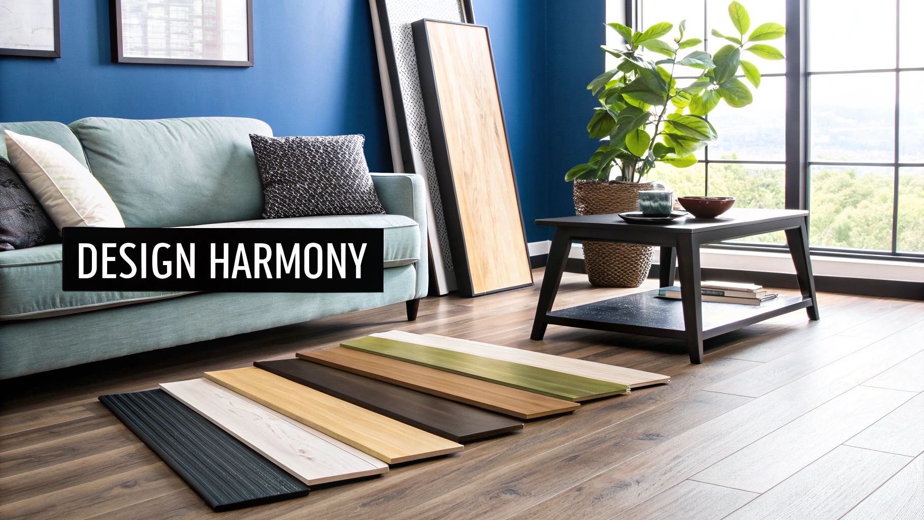 Modern living room with light-colored, wide-plank hardwood floors that complement the minimalist furniture and large windows.