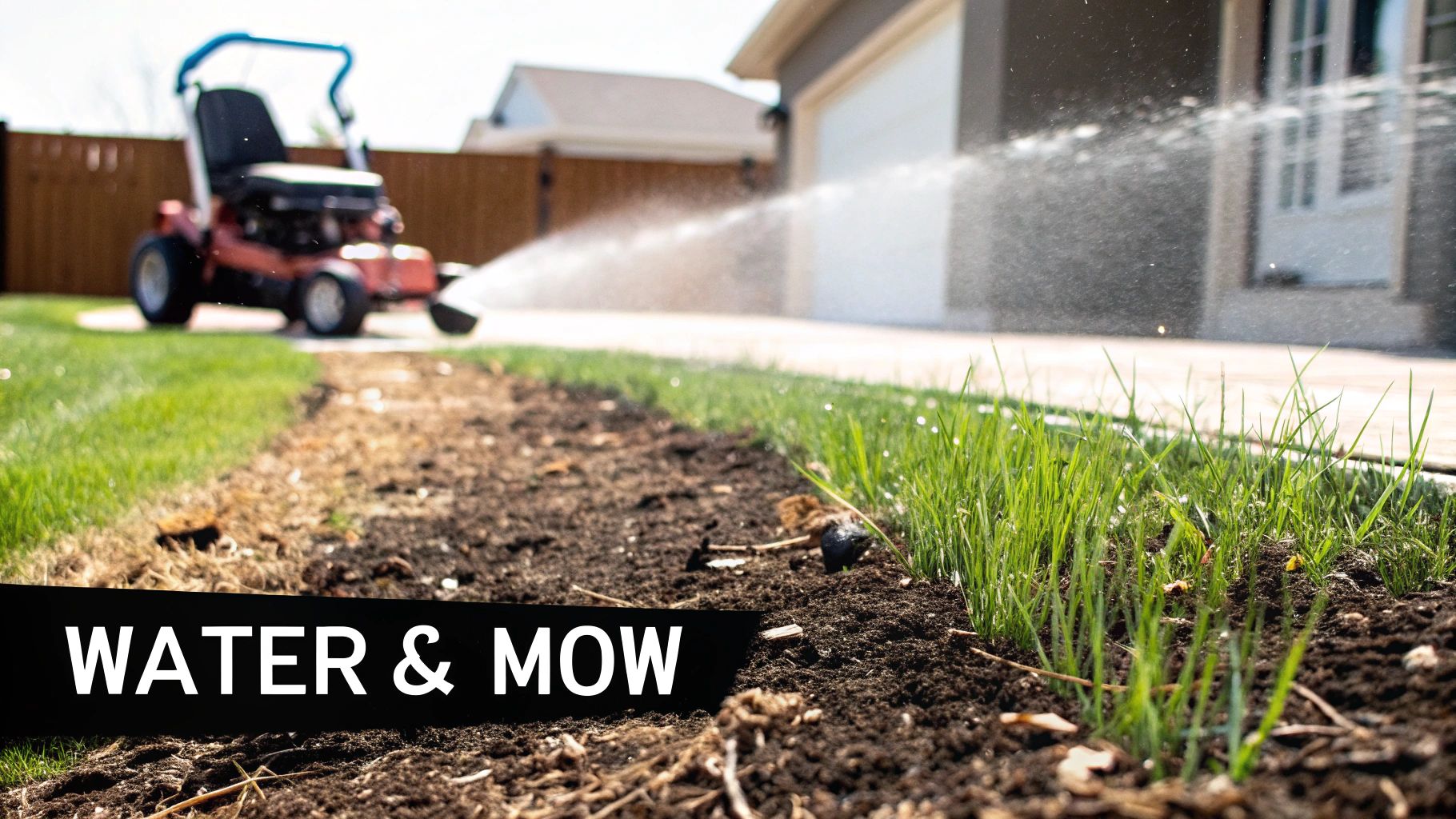 Newly seeded lawn with young grass, water spraying, and a lawnmower with 'WATER & MOW' text.