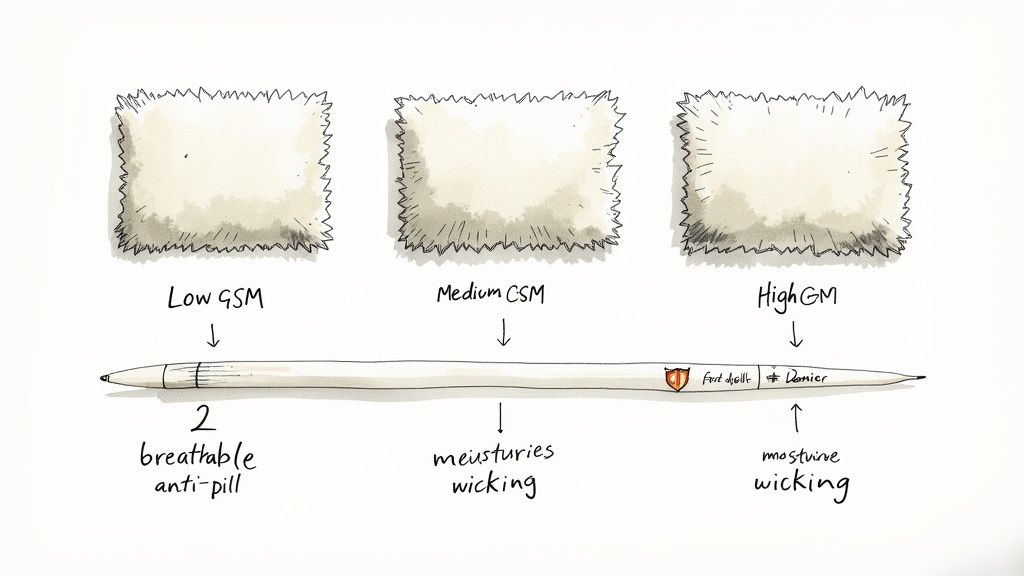 An illustration comparing three fabric samples (Low GSM, Medium CSM, High GM) with corresponding performance features like breathability and moisture-wicking.