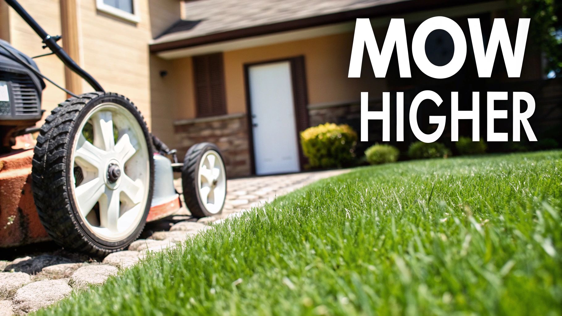 Lawnmower by a lush green lawn, house in background, with 'MOW HIGHER' text.