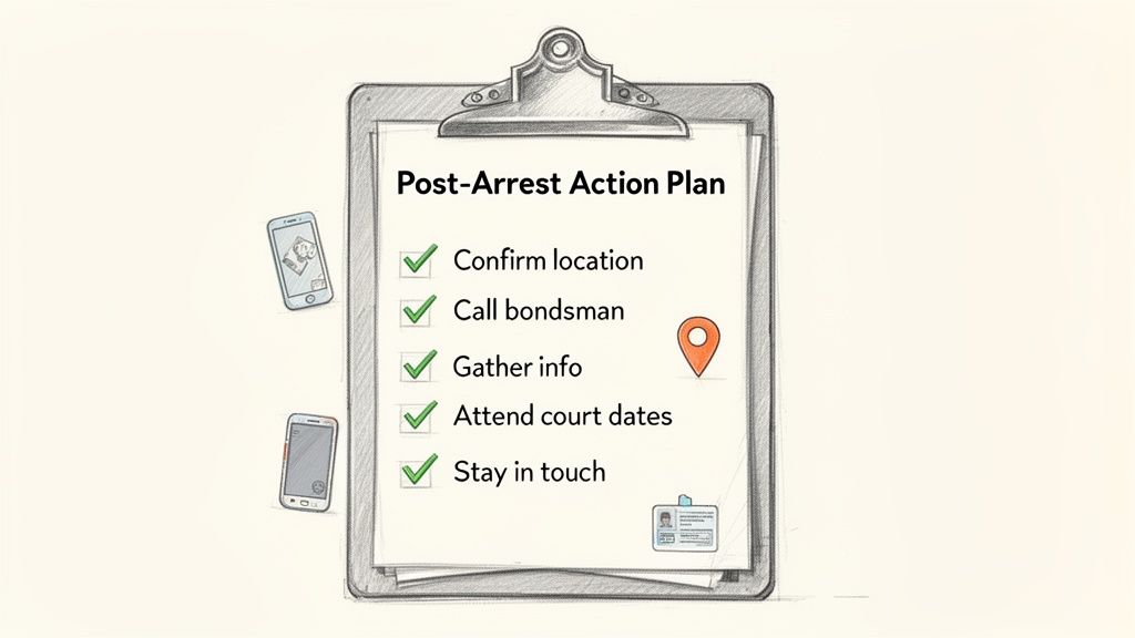 A Post-Arrest Action Plan checklist on a clipboard with checkmarks, smartphones, a location pin, and an ID.