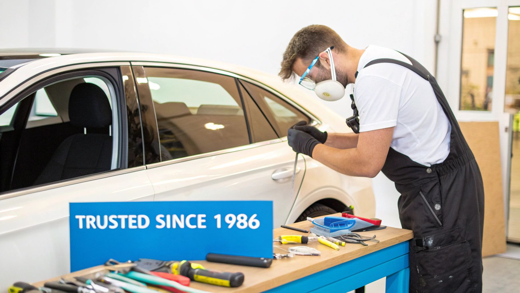 A technician wearing a respirator mask and goggles carefully works on a white car's rear window, next to a sign.