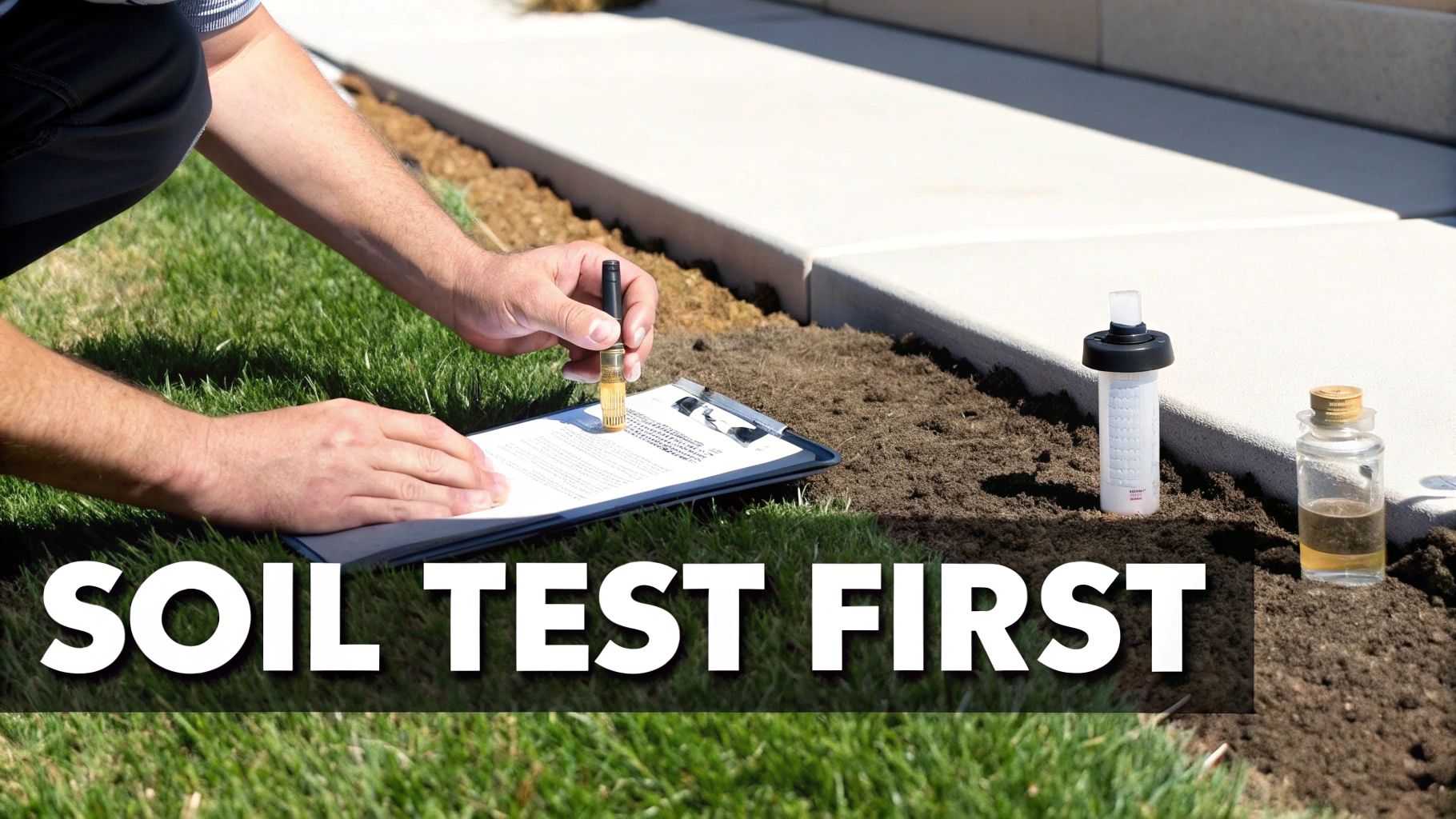 Person conducting soil test outdoors with clipboard, vials, and testing equipment on grass