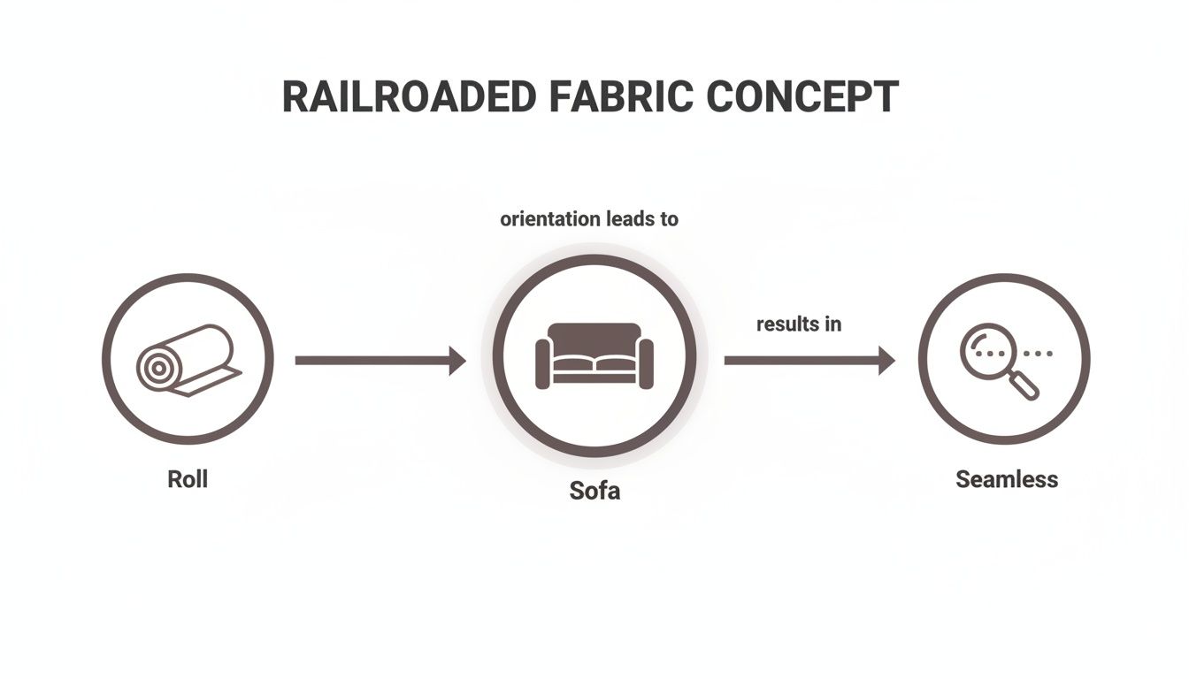 Flowchart illustrating the railroaded fabric concept, showing a fabric roll leading to a seamless sofa design.