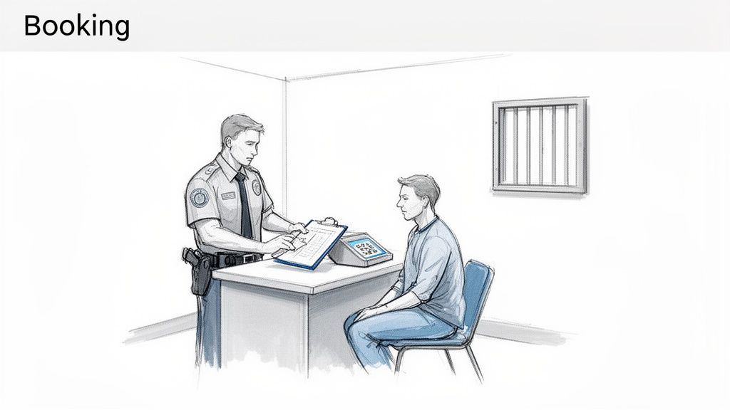 A police officer books a male detainee, taking notes at a desk in a detention room.