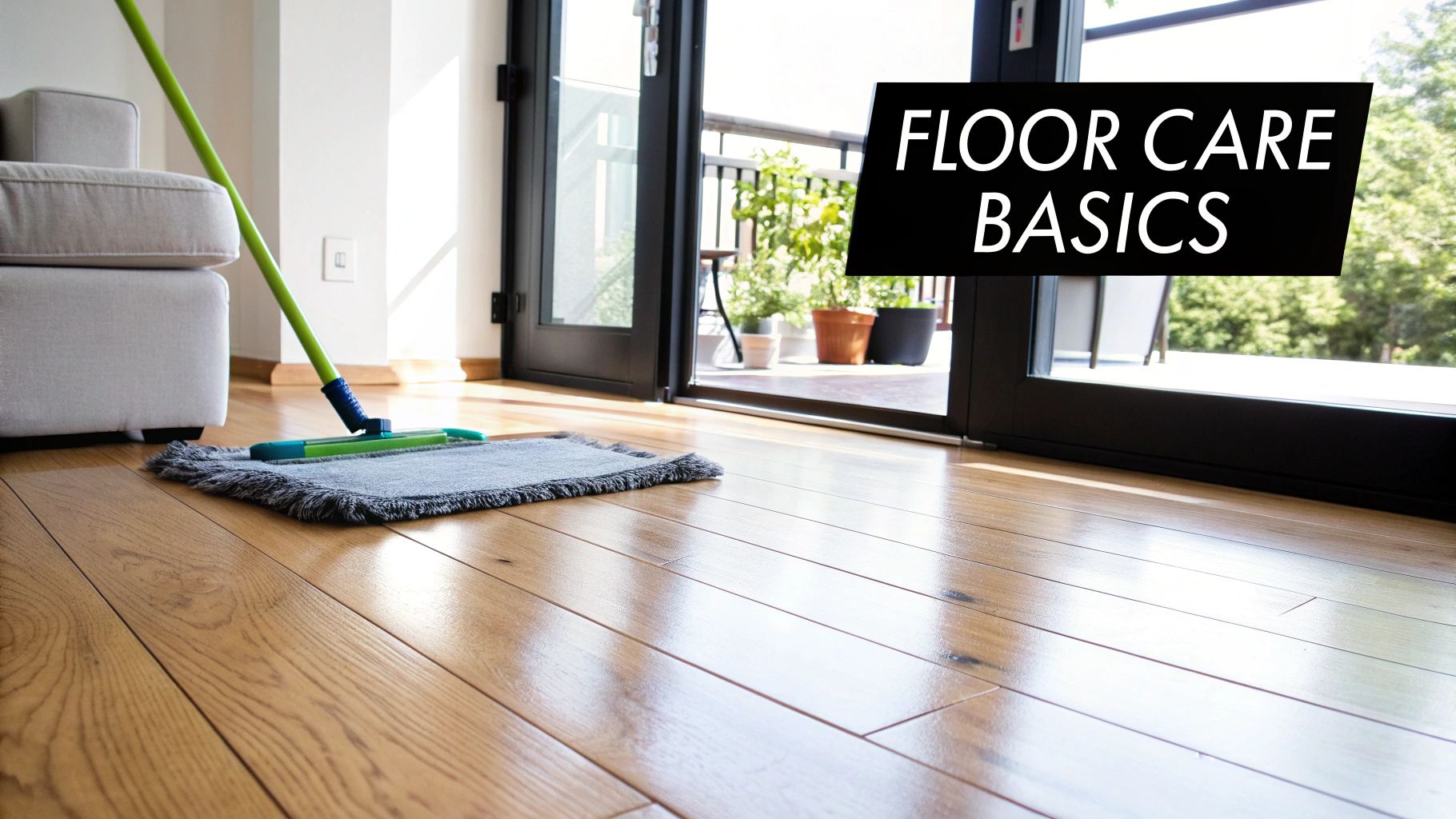 A vibrant green mop with a gray cleaning pad rests on a shiny, clean wooden floor in a sunlit room.