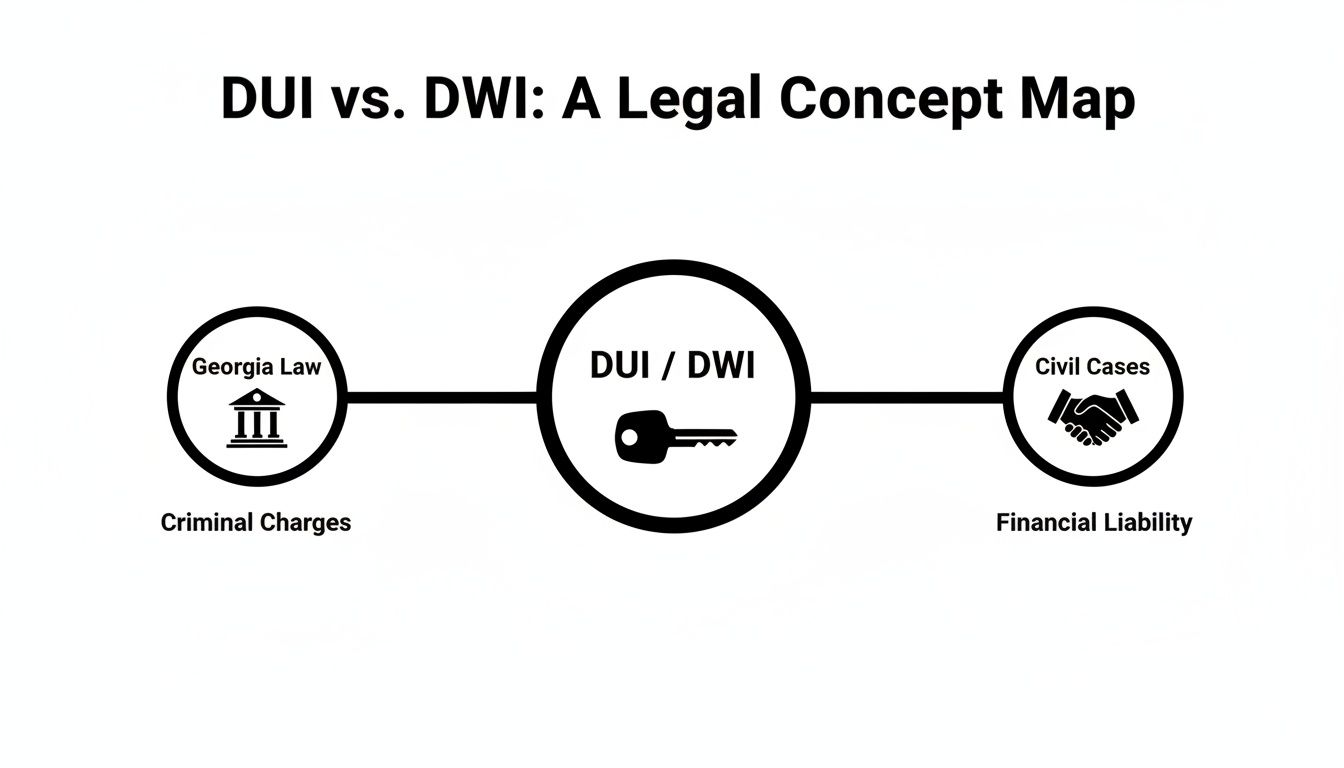 A legal concept map illustrating DUI vs. DWI, connecting to Georgia law, criminal charges, civil cases, and financial liability.