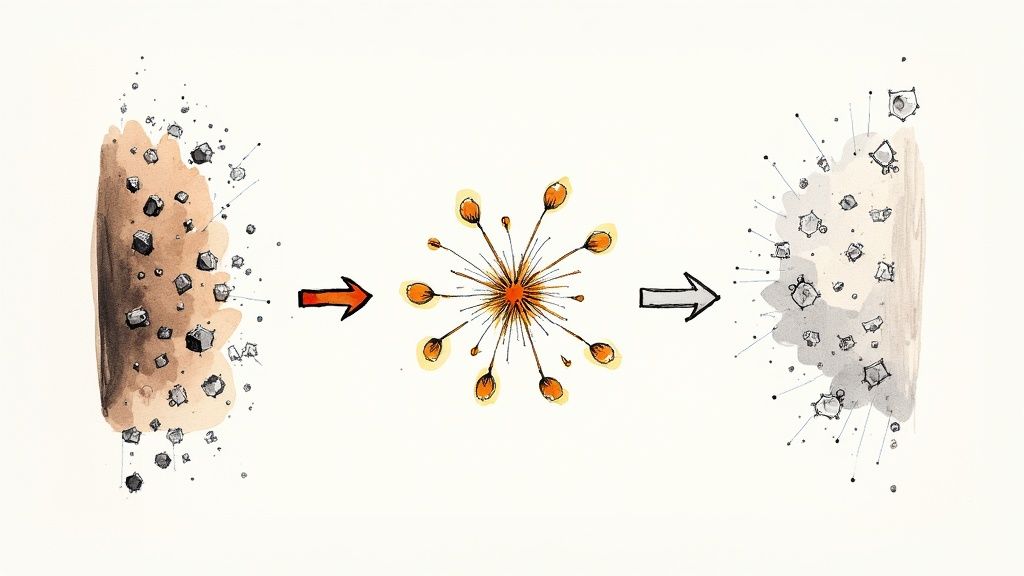 A watercolor diagram illustrating a process where dark particles transform into an energy burst, then lighter particles.