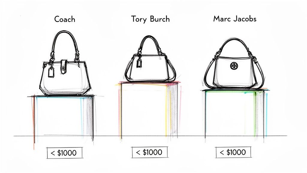Illustrative sketch of three popular designer handbags: Coach, Tory Burch, and Marc Jacobs, each shown to be under $1000.