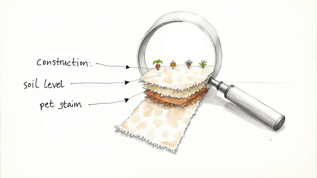 A magnifying glass reveals the cross-section of a rug showing its construction, soil level, and a pet stain, with tiny plants on the surface.