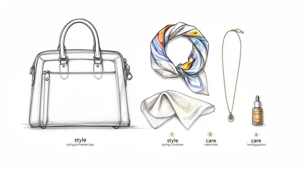 A stylish illustration featuring a white leather handbag, colorful silk scarf, elegant necklace, and care products.