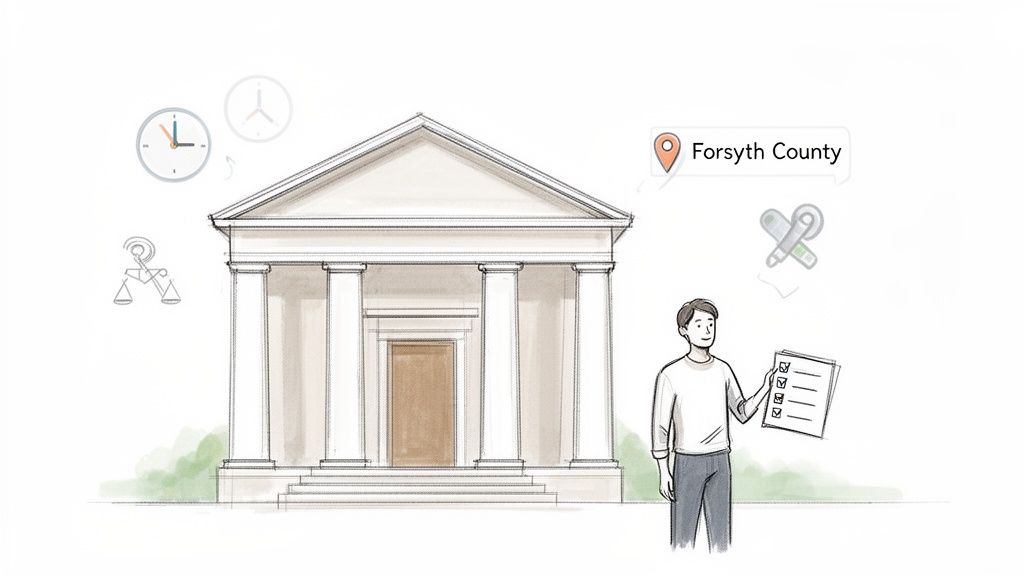Illustration of a courthouse building with a person holding a checklist, surrounded by legal and time symbols.