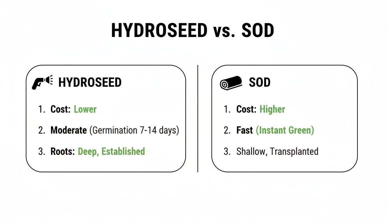 Comparison chart detailing cost, speed, and root differences between hydroseed and sod lawn installation.