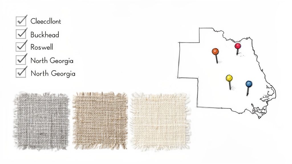 A checklist of Georgia locations, a map with colored pins, and three textured fabric swatches.