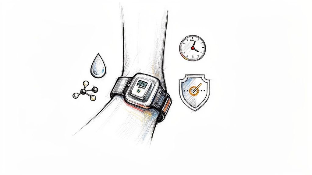 A hand-drawn sketch of a wearable monitor on an arm, surrounded by icons for water, molecules, time, and security.