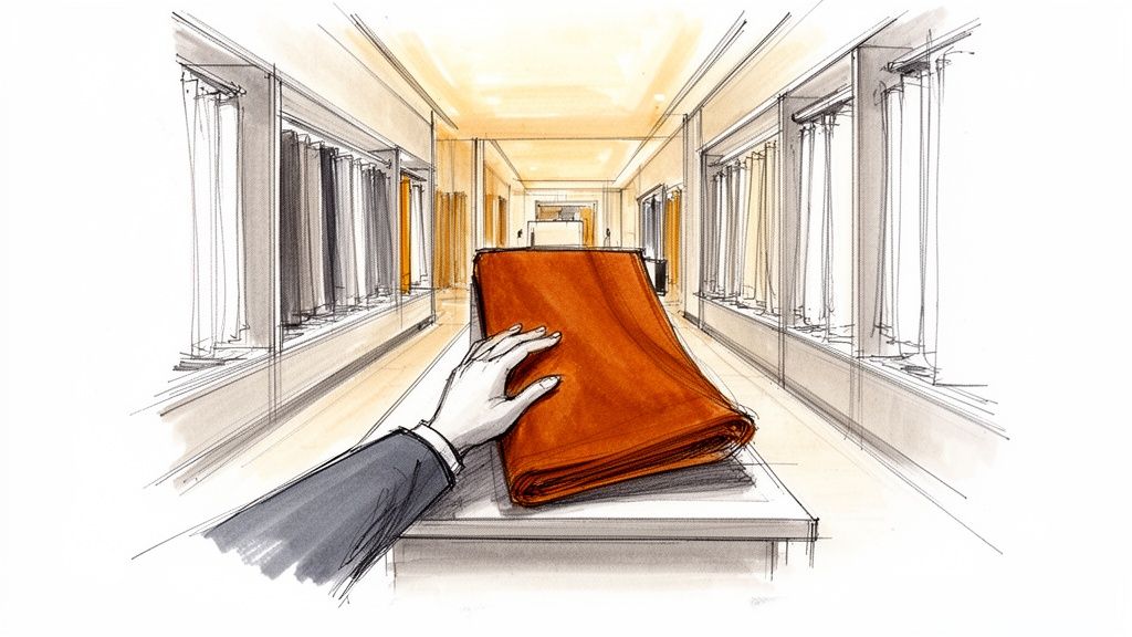 Hand touches a vibrant burnt orange fabric in a long, well-lit store aisle filled with textile samples.