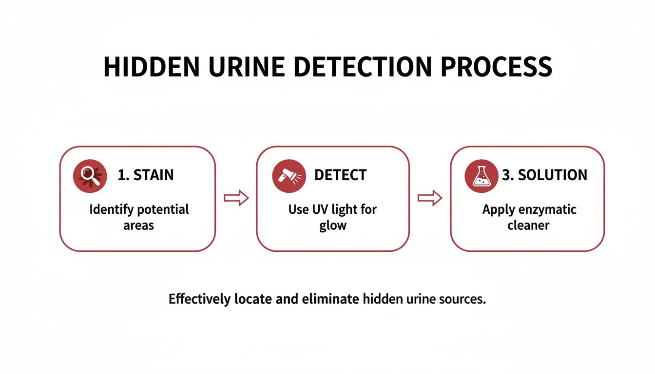 Flowchart detailing a three-step hidden urine detection process: stain, detect with UV light, and clean.