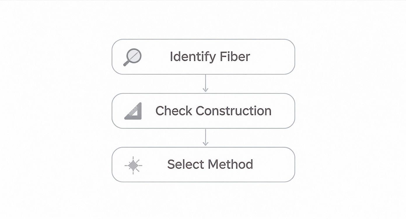 A three-step flowchart outlining a process: 'Identify Fiber', 'Check Construction', and 'Select Method'.