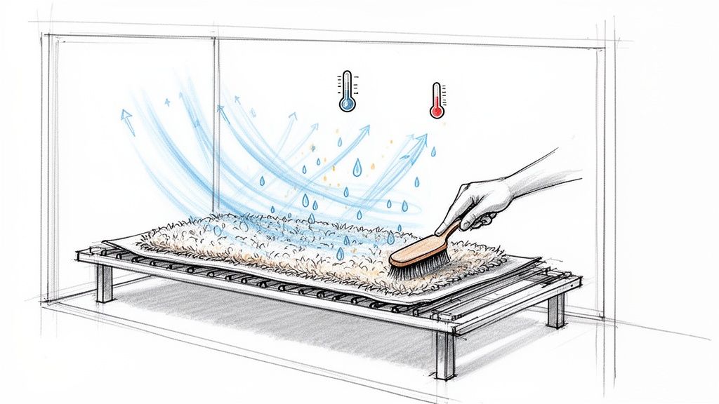 A hand brushes a wet rug on a drying rack, illustrating a cleaning and drying process with air circulation and temperature.