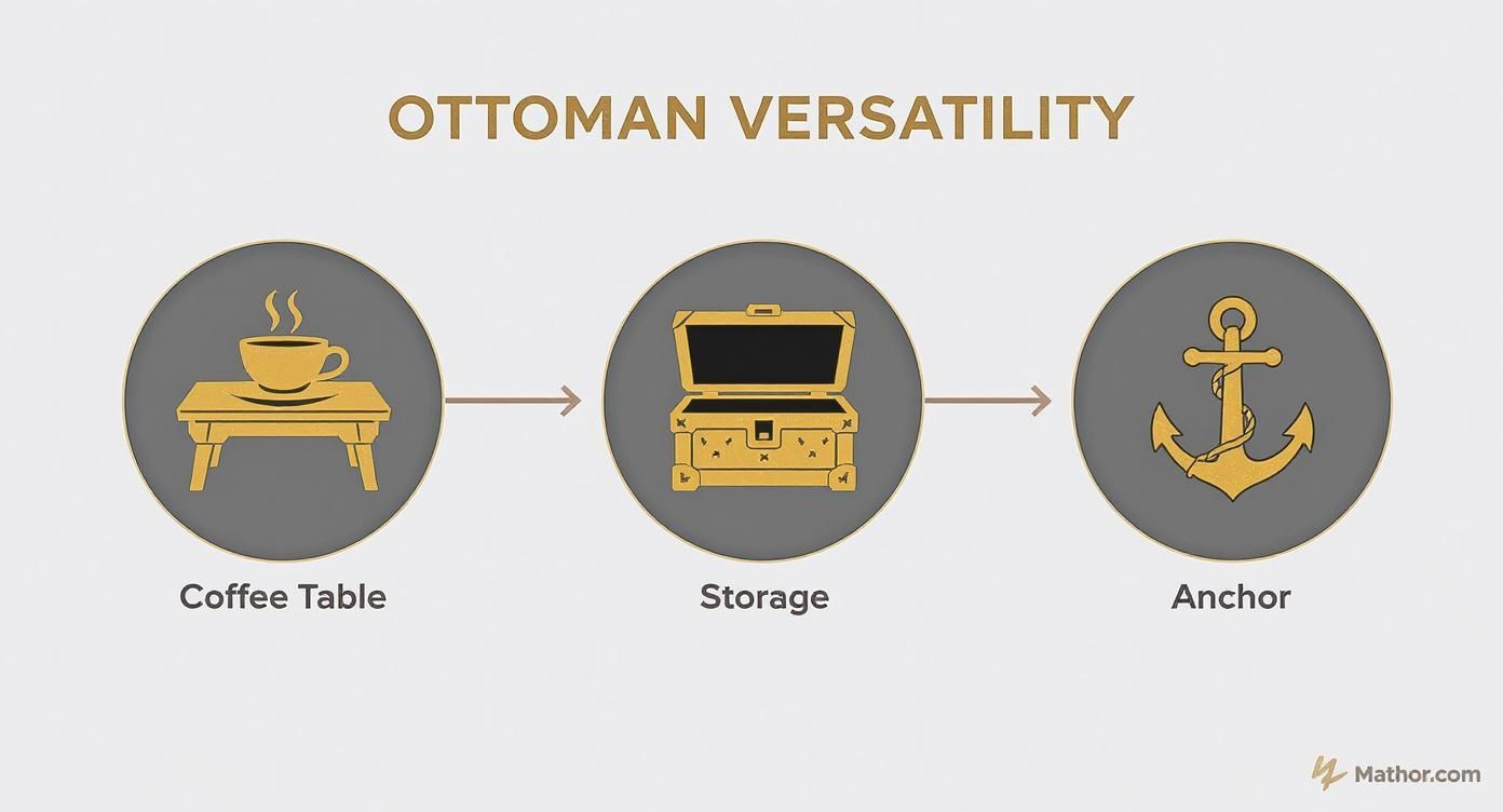 Infographic illustrating an ottoman's versatility as a coffee table, storage chest, and even an anchor.