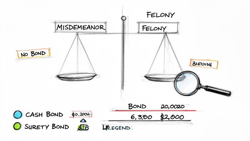 Diagram comparing bail bond types and costs for misdemeanor versus felony cases.
