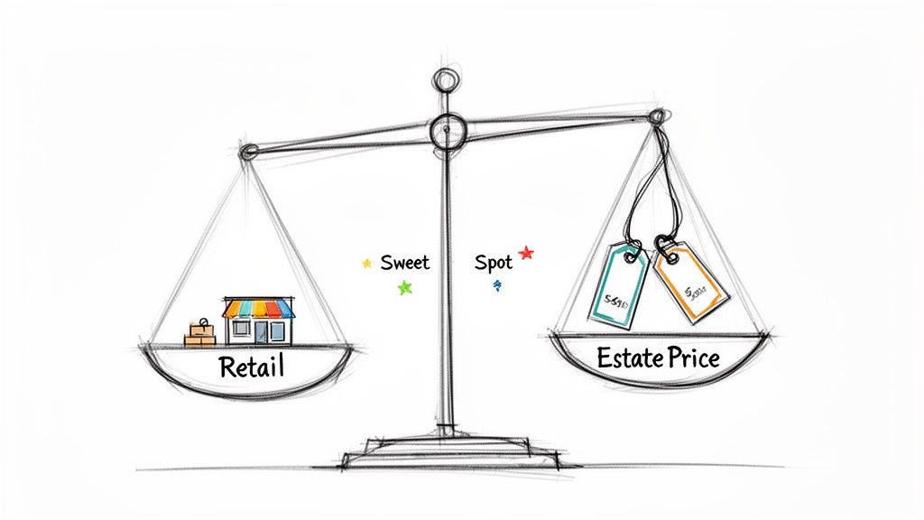 A balanced scale comparing retail items with estate price tags, indicating a sweet spot.