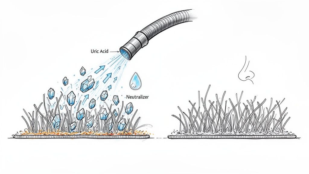 Illustration showing a hose spraying uric acid and neutralizer onto artificial turf, cleaning crystals, resulting in fresh, odorless turf.