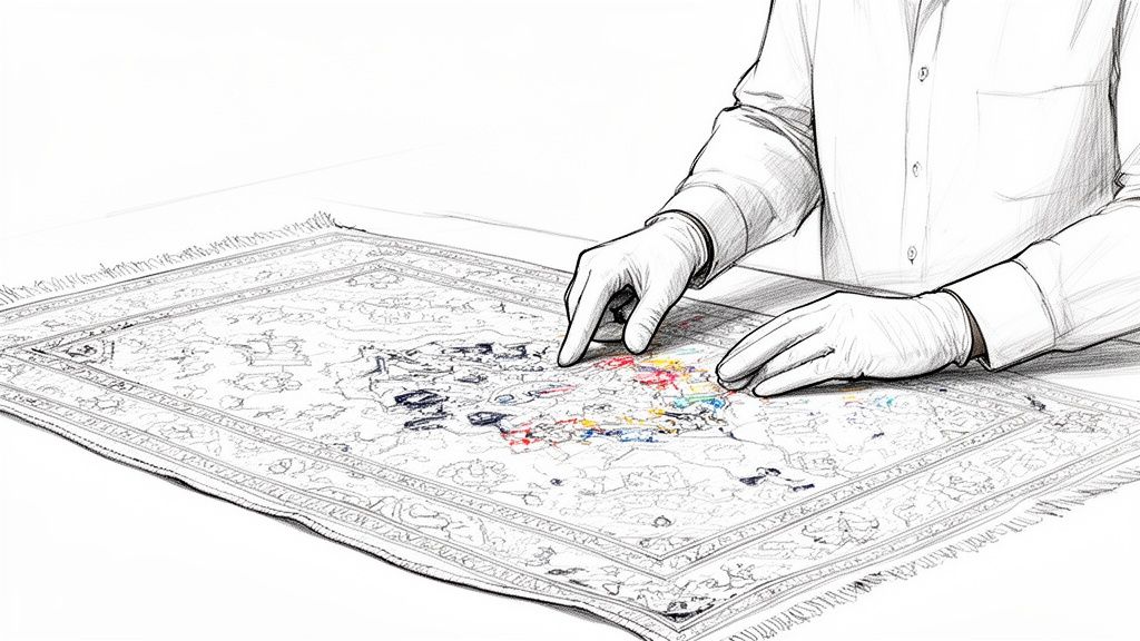 Sketch of hands in gloves examining a white patterned rug with various colorful stains.
