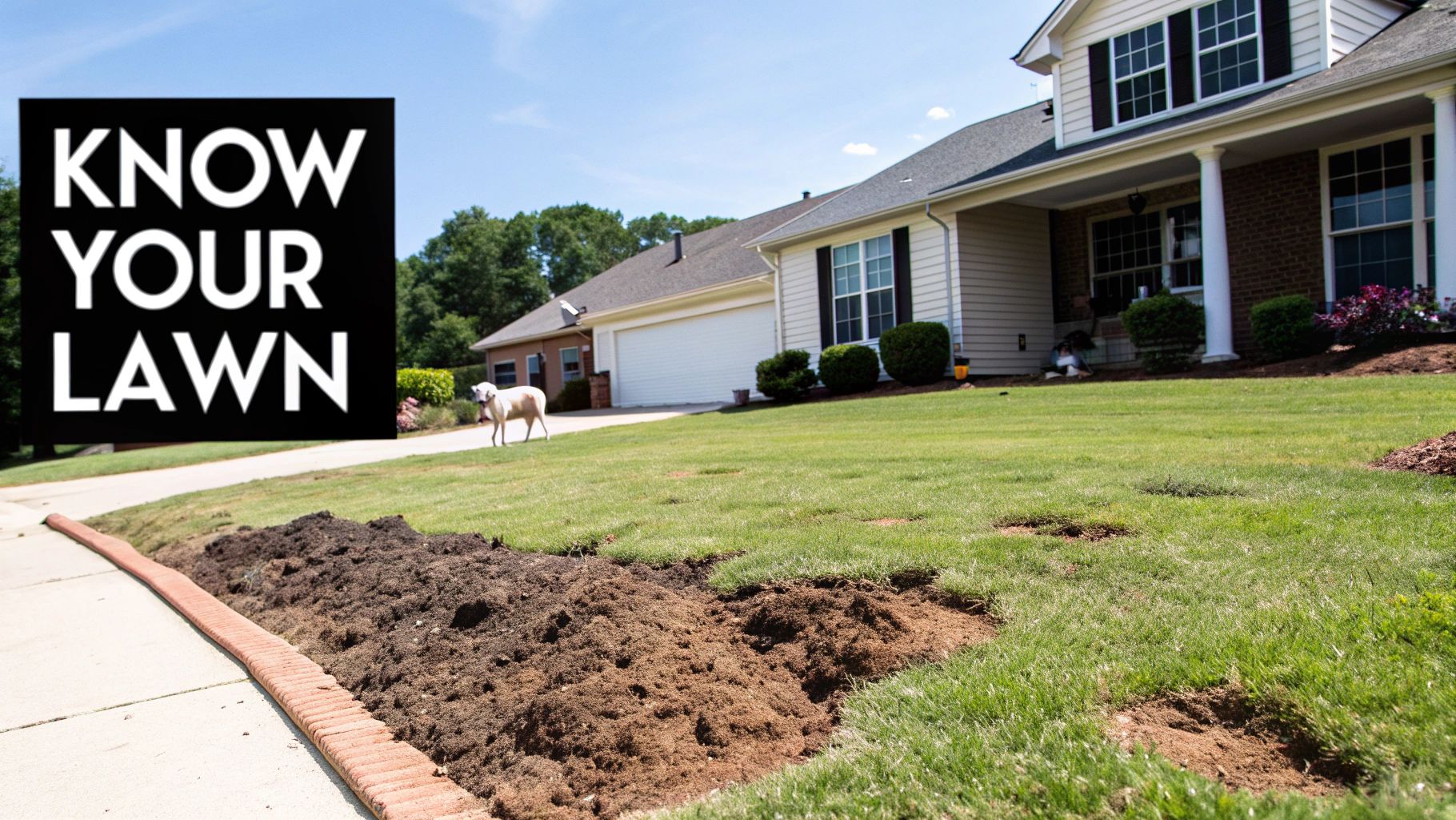 A suburban house with a partially leveled lawn, showing bare soil patches and a dog on the driveway.