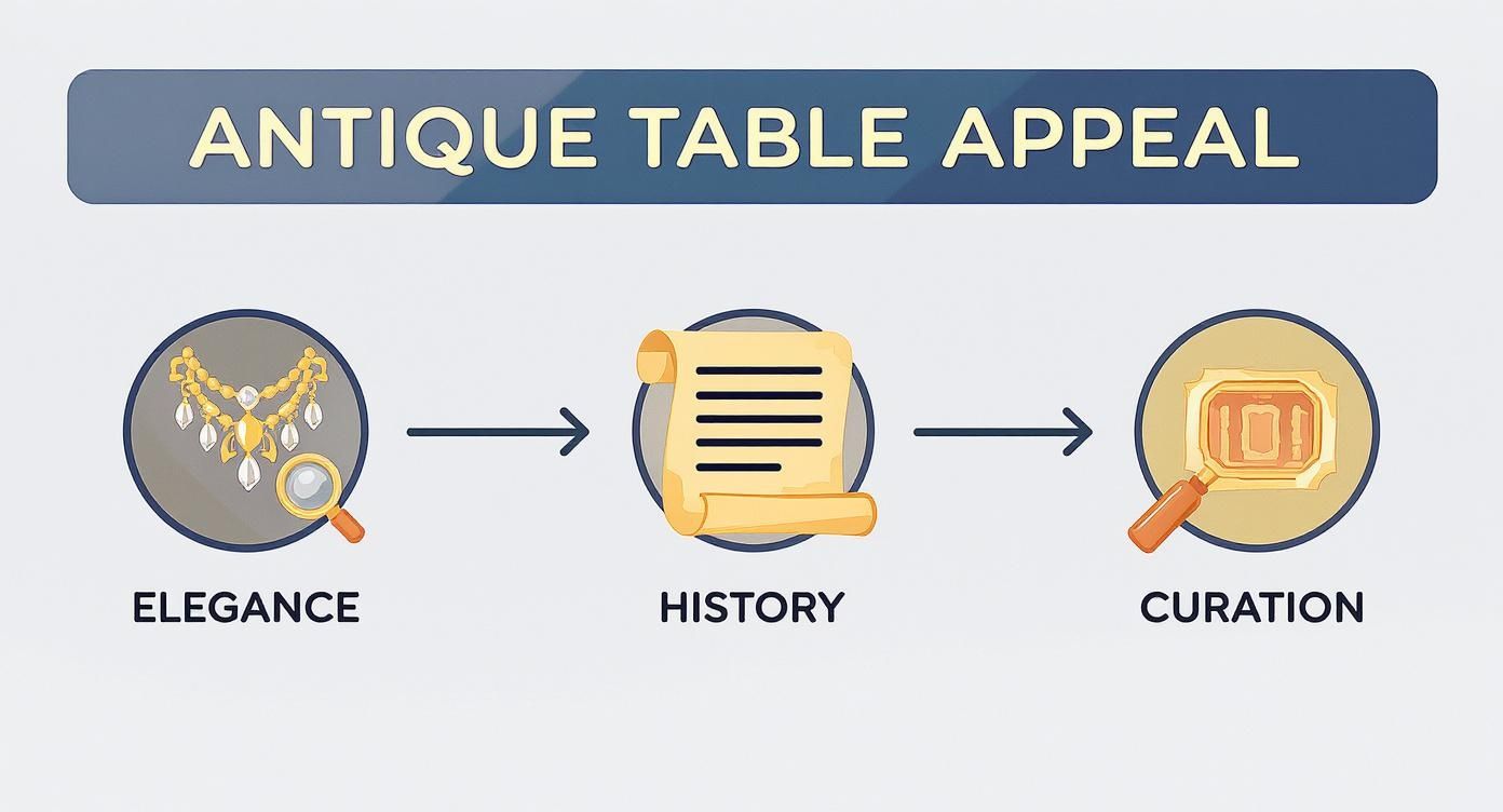 A diagram outlining the appeal of antique tables, featuring elegance, history, and curation represented by icons.