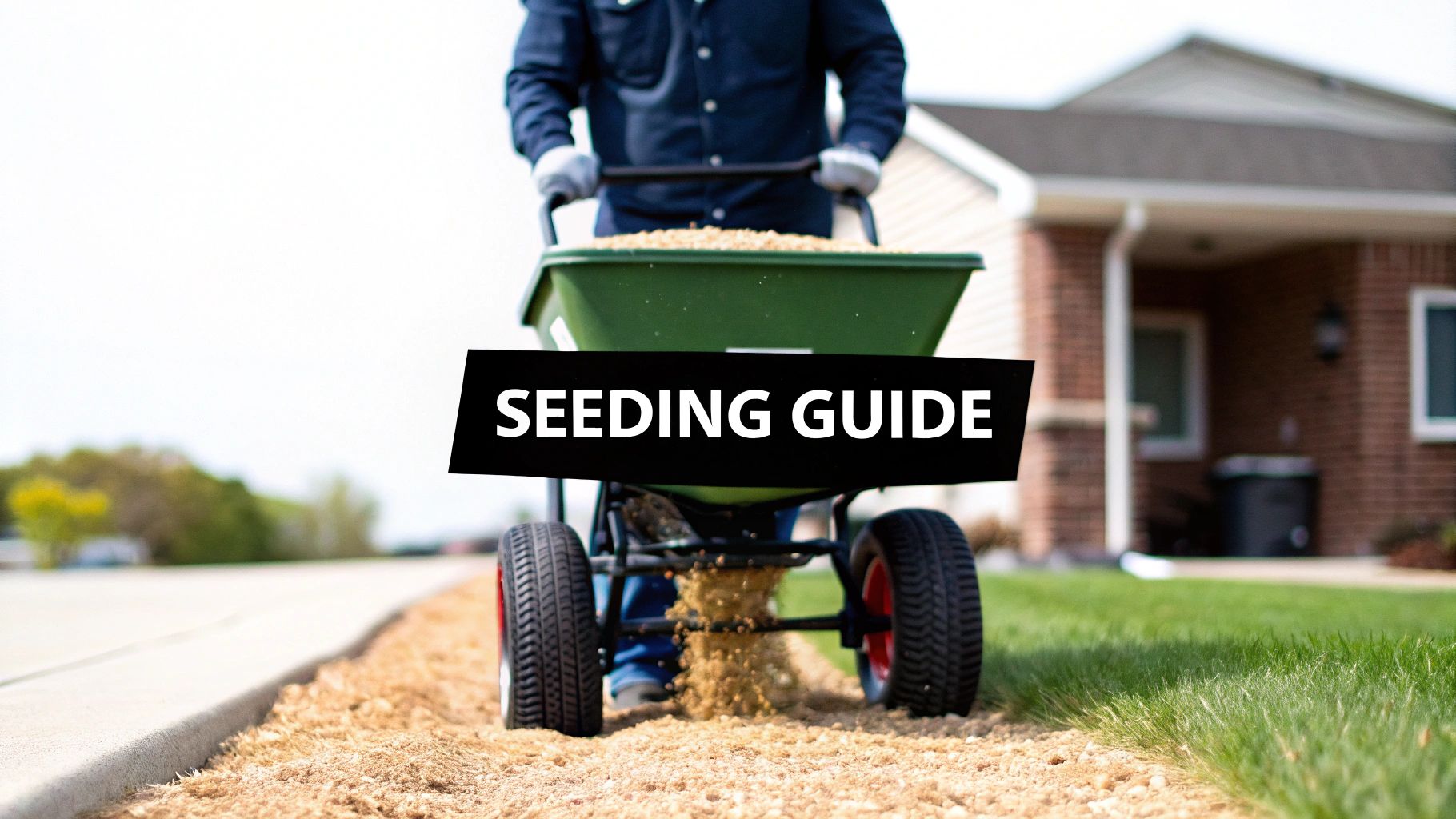 A person using a broadcast spreader to plant grass seed on prepared soil.
