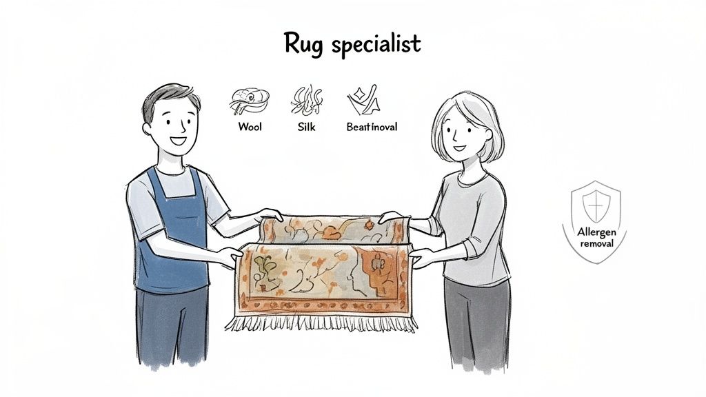 A rug specialist hands a cleaned rug to a happy woman, illustrating services for wool, silk, and allergen removal.