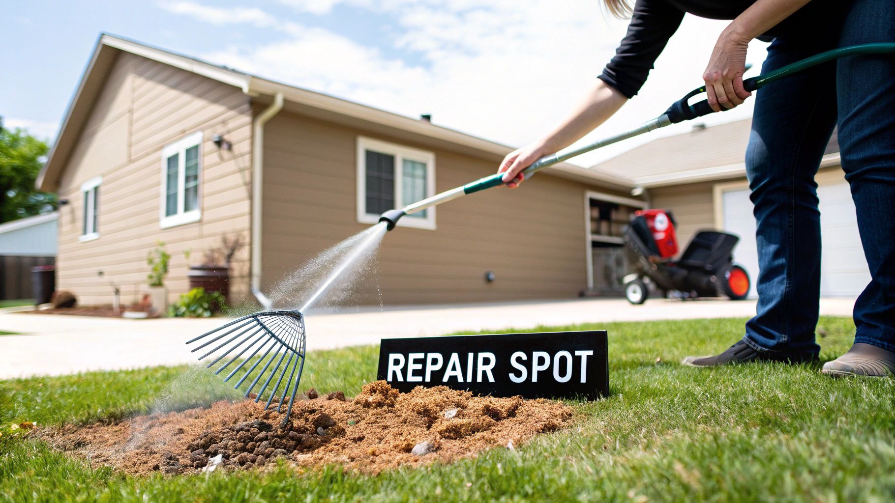 A person waters a dirt patch on a lawn with a hose and rake, marked as a “REPAIR SPOT”.