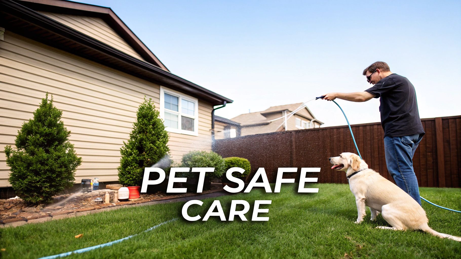 A man waters his garden with a hose while a golden retriever dog sits nearby, implying pet-safe care.