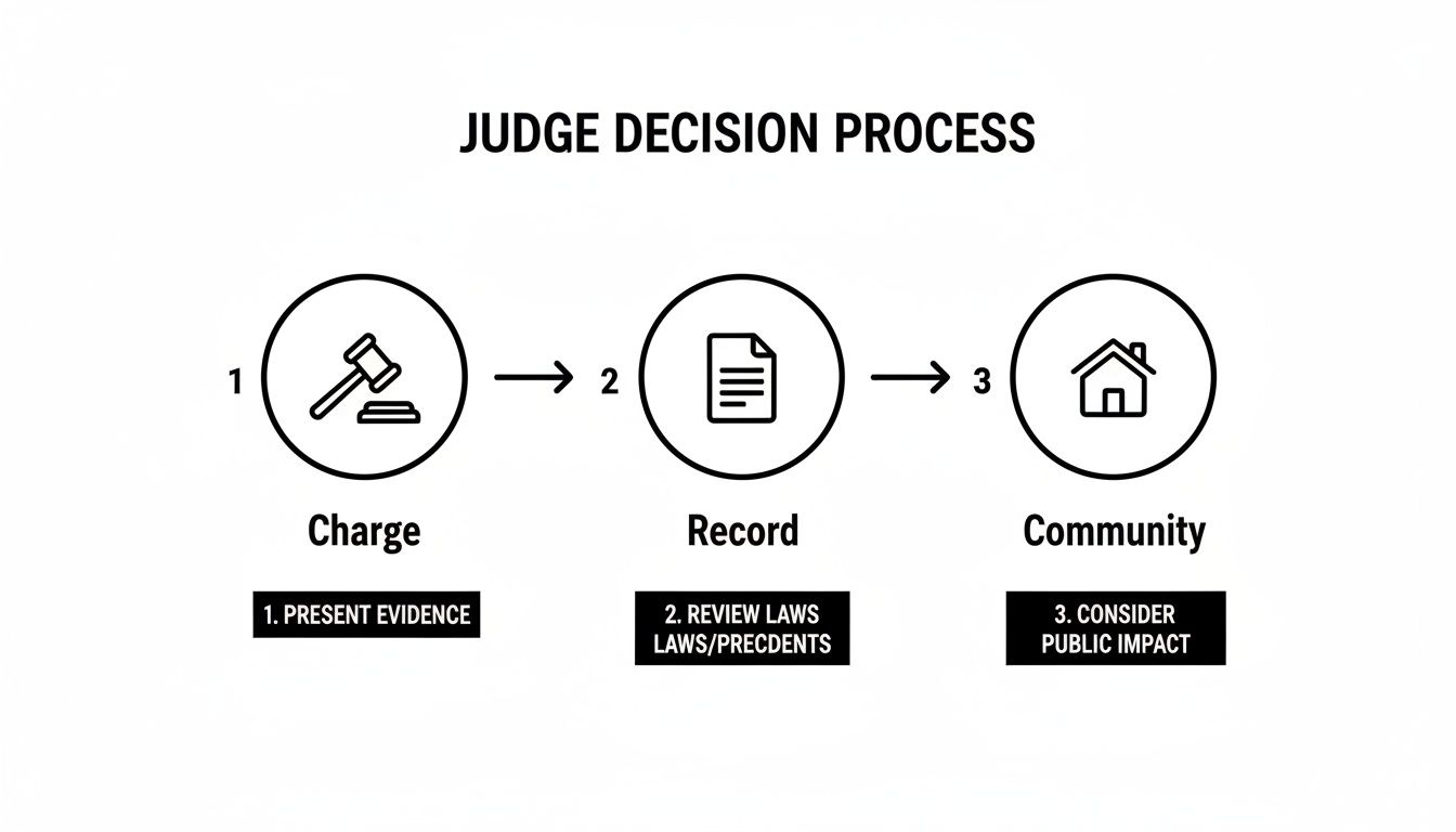 Flowchart illustrating the judge decision process, detailing steps from presenting evidence to considering public impact.