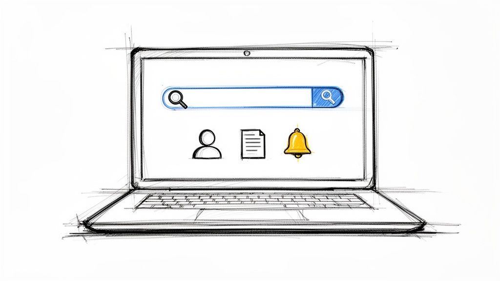Hand-drawn laptop sketch showing a search bar, user icon, document, and notification bell.