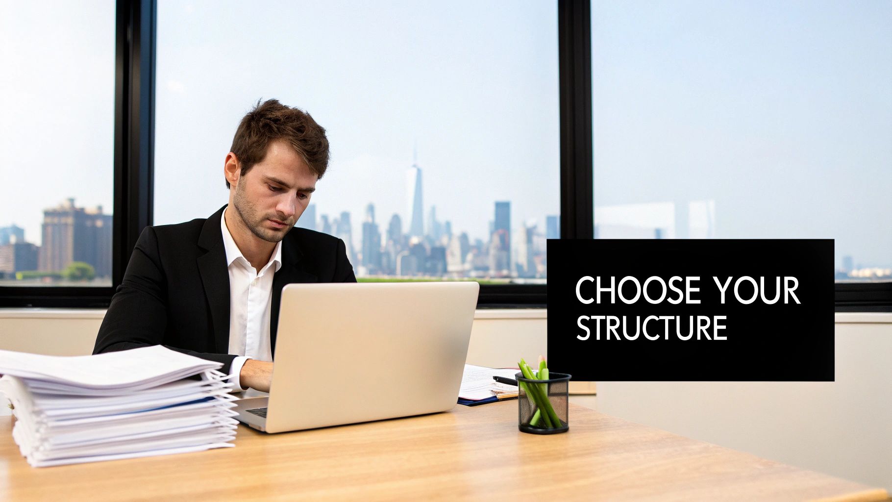 A focused man in a suit works on a laptop at a desk with a city skyline view and 'CHOOSE YOUR STRUCTURE' text.