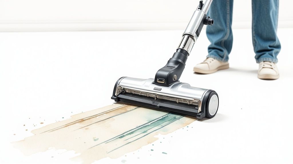 A person uses a vacuum cleaner to clean colorful paint stains from a white floor.