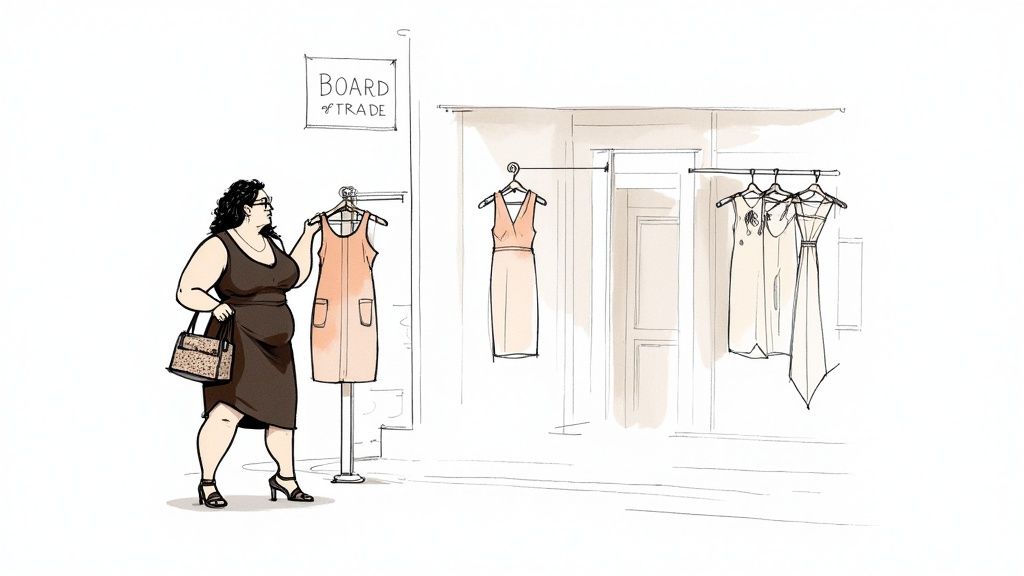 Plus size woman shopping for consignment dresses at boutique storefront display