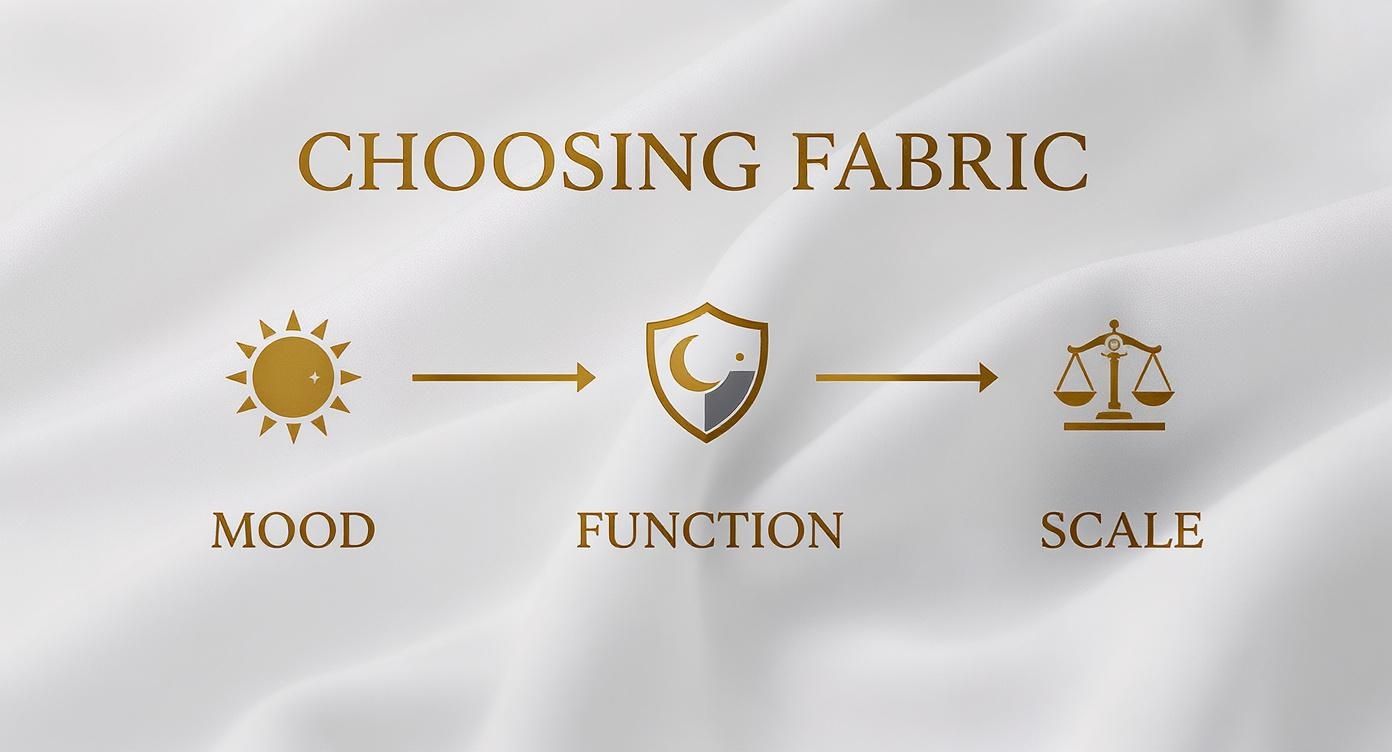 Fabric selection guide showing three key factors: mood with sun icon, function with shield, and scale with balance