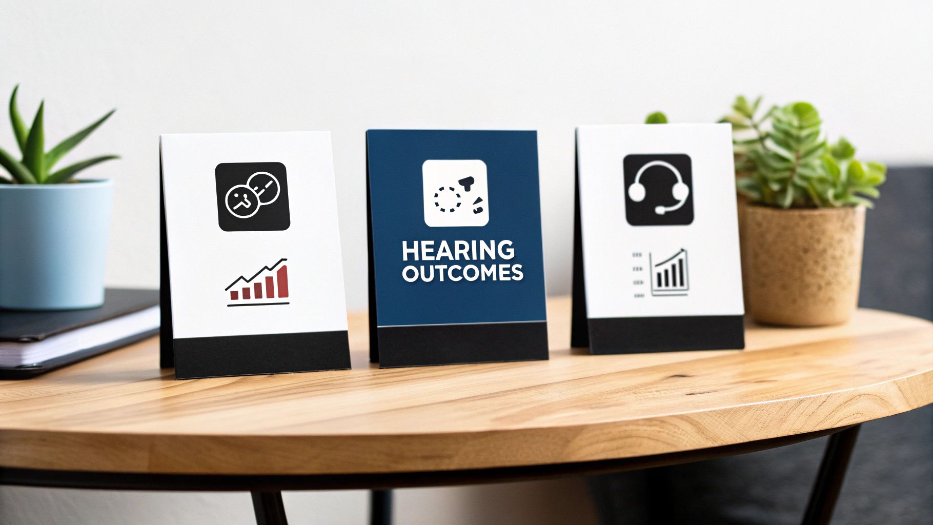 Three desktop signs displaying hearing outcomes data and related metrics on a wooden table.