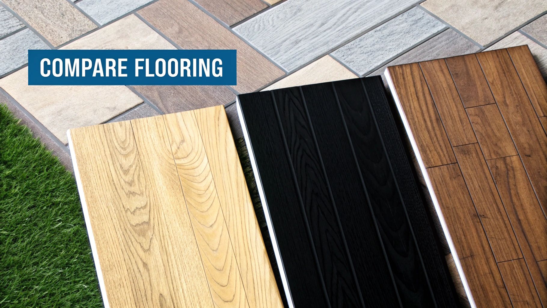 A split image showing laminate, hardwood, and vinyl flooring options side-by-side for comparison.