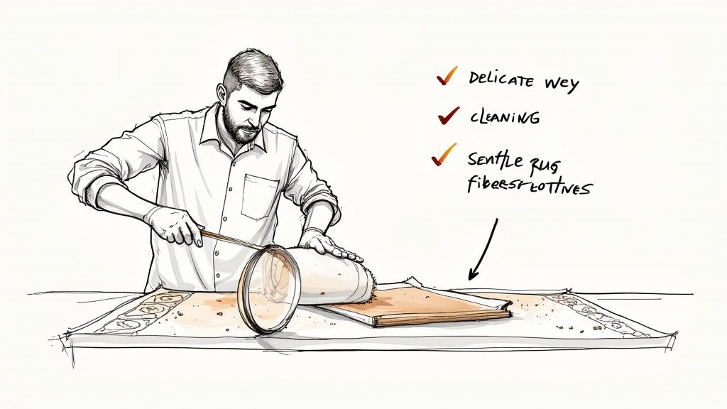 A man in a white shirt and gloves uses a magnifying glass to inspect a rug for cleaning.