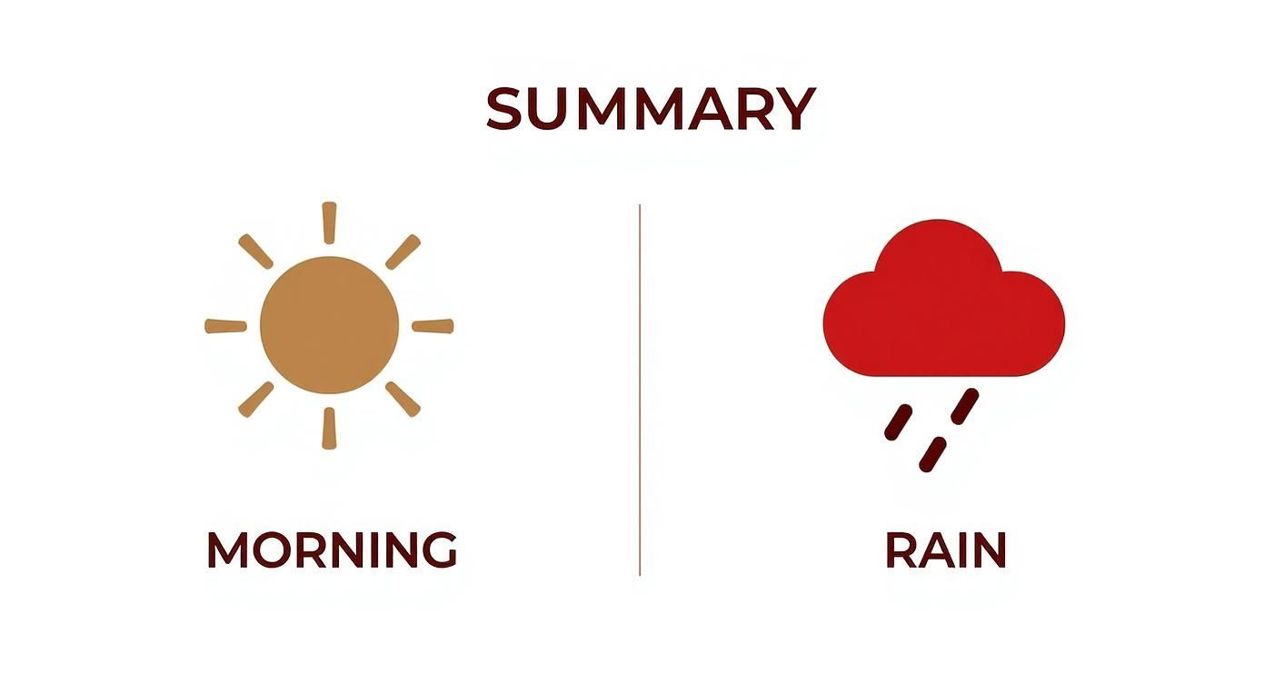 A weather summary showing a bright sun icon with 'MORNING' text and a red rain cloud with 'RAIN' text.