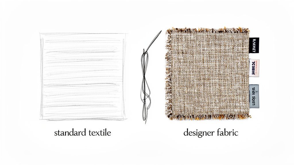 Illustration contrasting a simple standard textile with a rich, textured designer fabric swatch with labels, linked by a sewing needle.