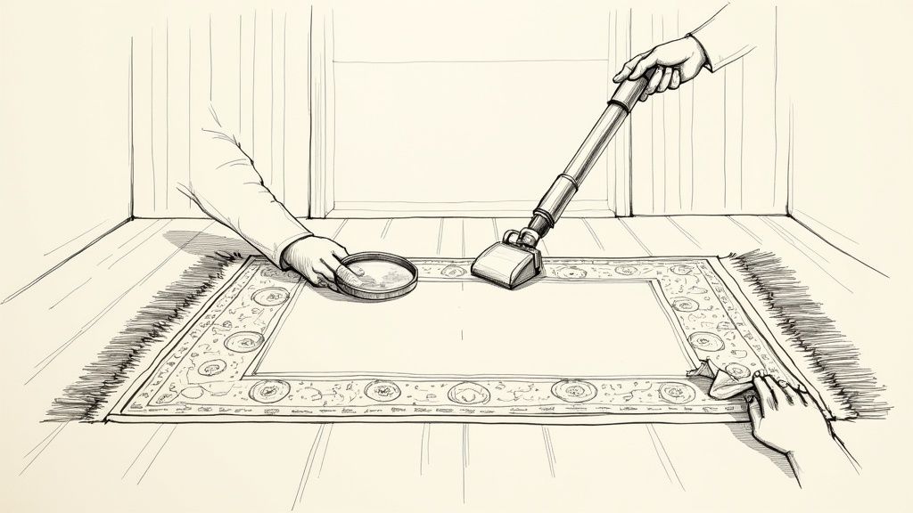 Three hands are meticulously cleaning an oriental rug: one with a magnifying glass, one vacuuming, and one spot cleaning.