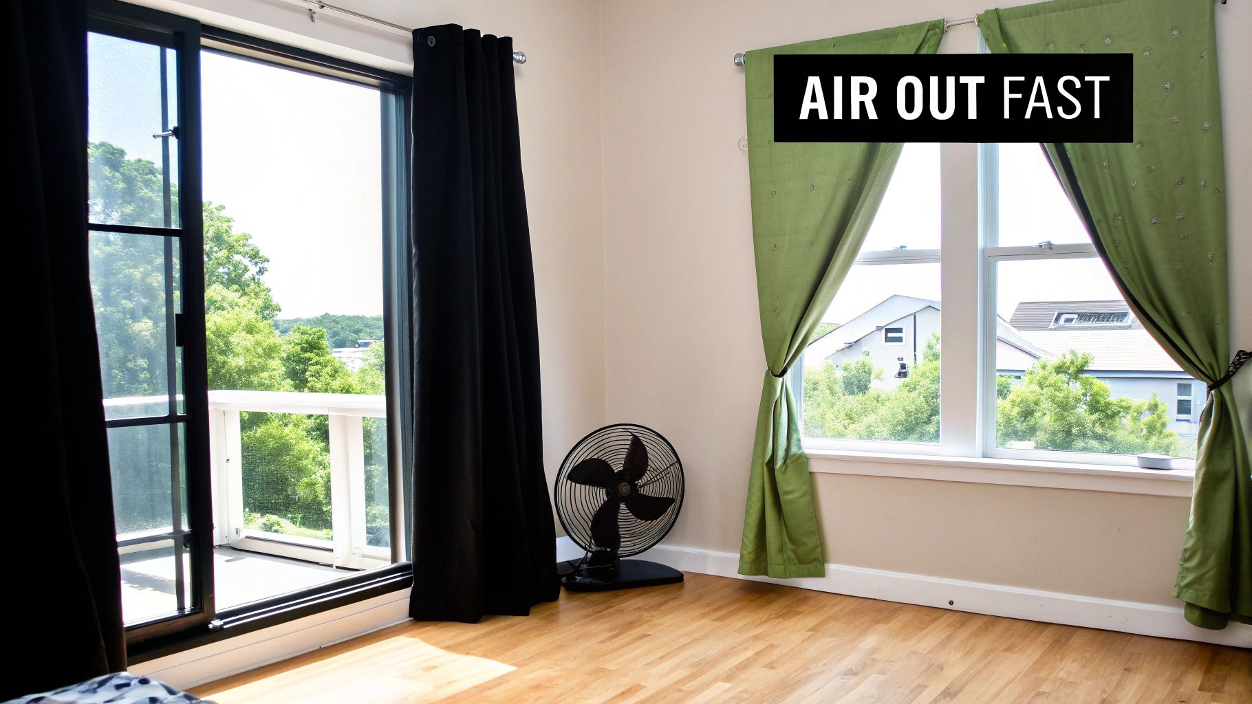A room with open windows, a fan on the wooden floor, and curtains for ventilation.